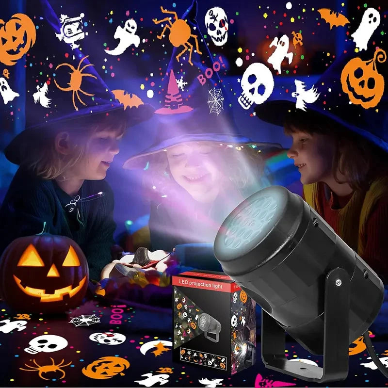 Projecteur de lumières pour Halloween et Noël – Décoration LED rotative avec citrouilles, flocons de neige et motifs festifs