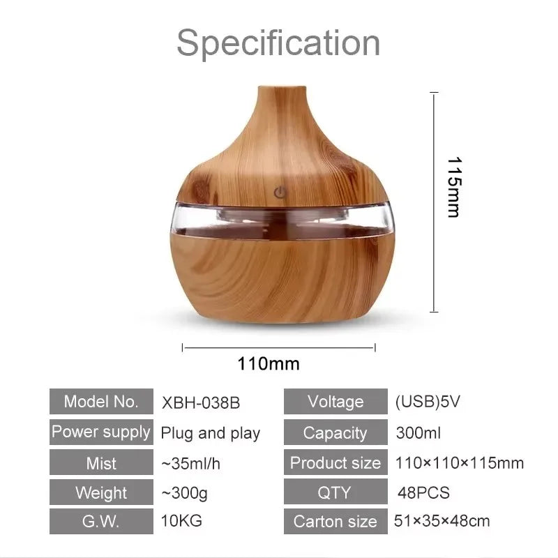 Diffuseur d'huiles essentielles et humidificateur ultrasonique à effet bois – Éclairage LED 7 couleurs avec télécommande