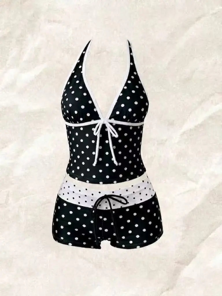 Trajes de baño para mujer, conjunto de tankini de 2 piezas de lunares, top cami con cuello halter en V con lazo frontal y shorts de baño con cordón en la cintura a contraste
