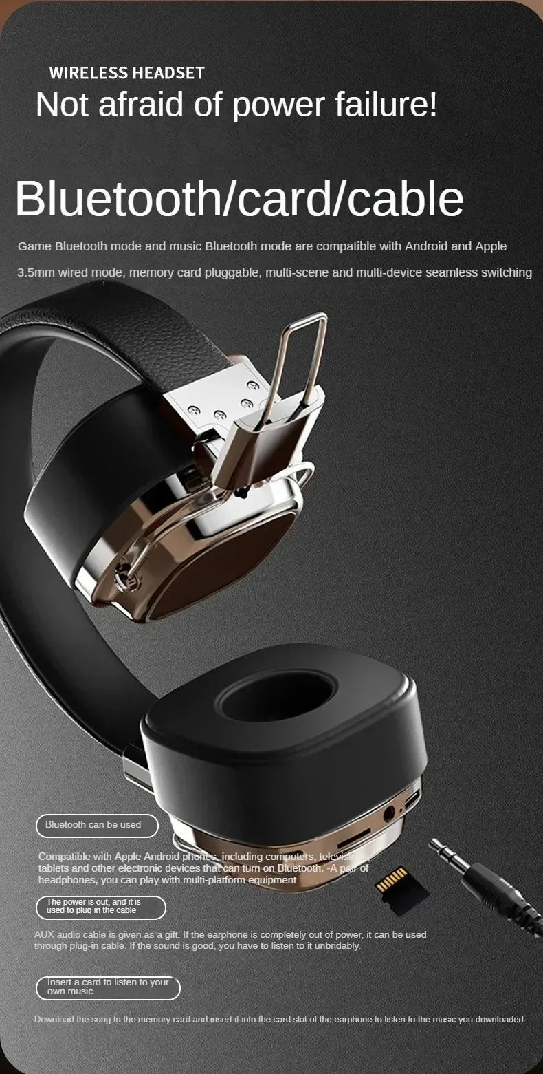 Retro Leather Bluetooth 5.3 Wireless Over-Ear Headphones – Foldable Noise Cancelling Headset with Mic