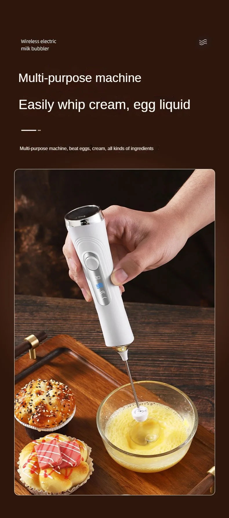 Batidora eléctrica USB, espumador de leche y café de mano, licuadora portátil de 3 velocidades, para hacer mantequilla, herramienta de cocina, mezclador de ingredientes