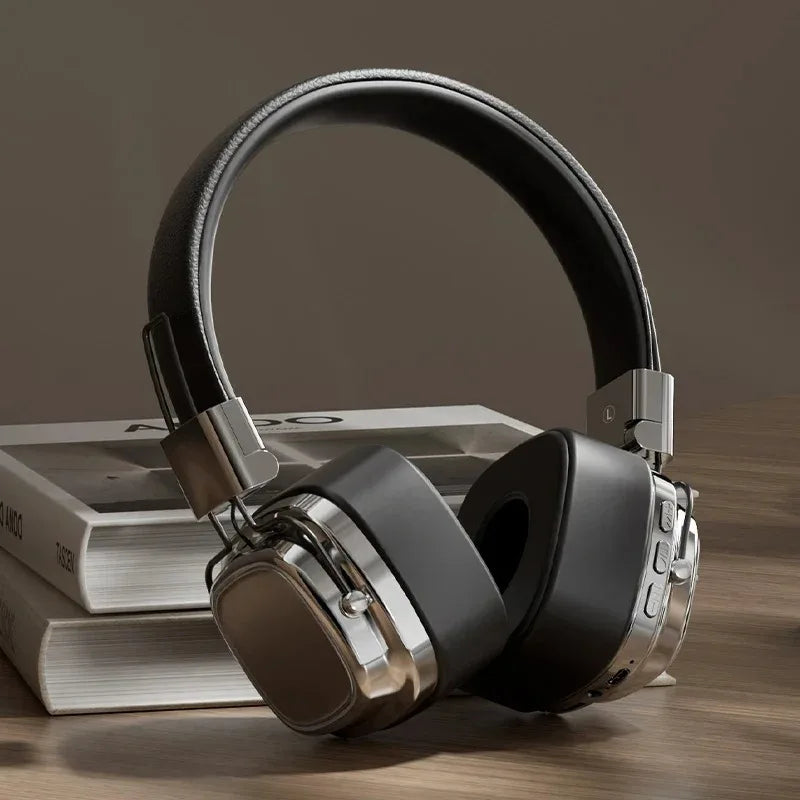 Retro Leather Bluetooth 5.3 Wireless Over-Ear Headphones – Foldable Noise Cancelling Headset with Mic