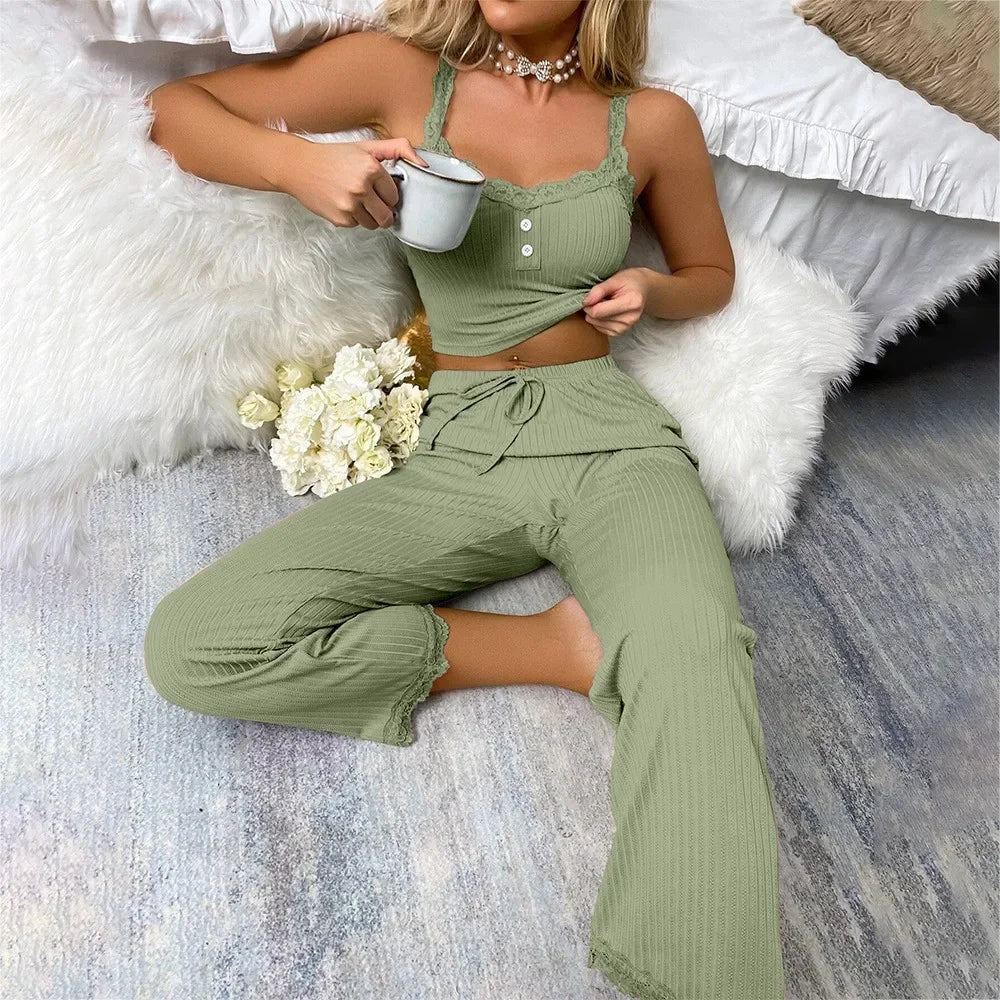 Women’s Ribbed Pajama Set – Lace Trim Camisole & Drawstring Pants