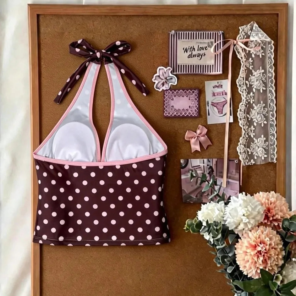 Trajes de baño para mujer, conjunto de tankini de 2 piezas de lunares, top cami con cuello halter en V con lazo frontal y shorts de baño con cordón en la cintura a contraste