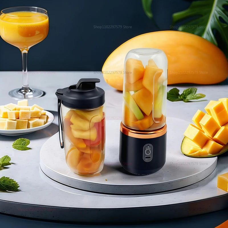 Extractor de zumo portátil mini, doble vaso, inalámbrico, recargable por USB, batidora de hielo compacta para viajes y hogar, como licuadora de frutas.