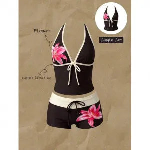 Trajes de baño para mujer, conjunto de tankini de 2 piezas de lunares, top cami con cuello halter en V con lazo frontal y shorts de baño con cordón en la cintura a contraste
