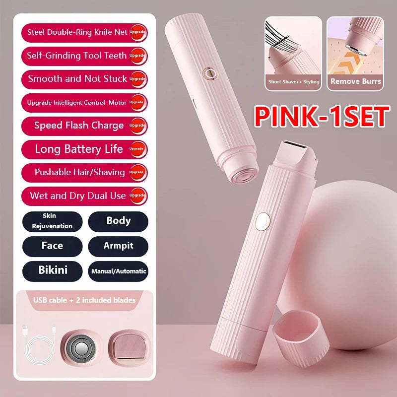 2026 New Women Electric Shaver Waterproof 2 in 1 Double Head Bikini Hair Trimmer Detachable Head Wet Dry Shaver