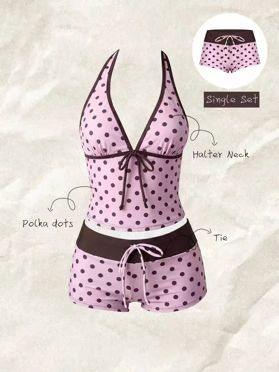 Trajes de baño para mujer, conjunto de tankini de 2 piezas de lunares, top cami con cuello halter en V con lazo frontal y shorts de baño con cordón en la cintura a contraste