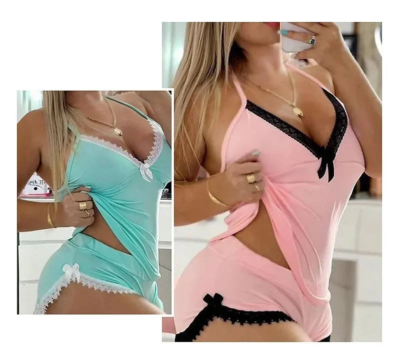 Women Lace Pajama Set Sexy Two Piece Sleepwear V-Neck Shorts Nightwear Plus Size Home Loungewear Set