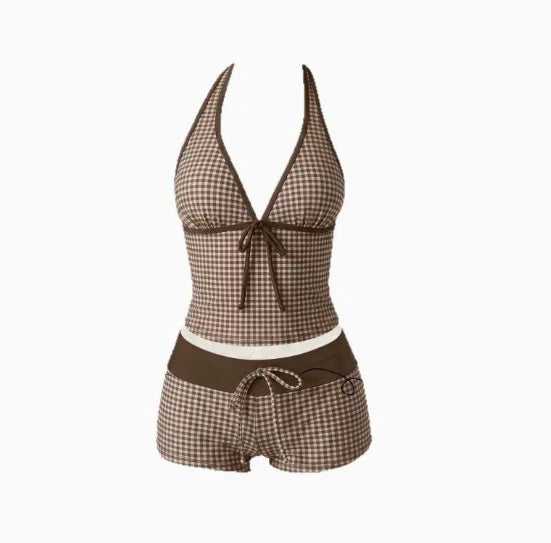 Trajes de baño para mujer, conjunto de tankini de 2 piezas de lunares, top cami con cuello halter en V con lazo frontal y shorts de baño con cordón en la cintura a contraste