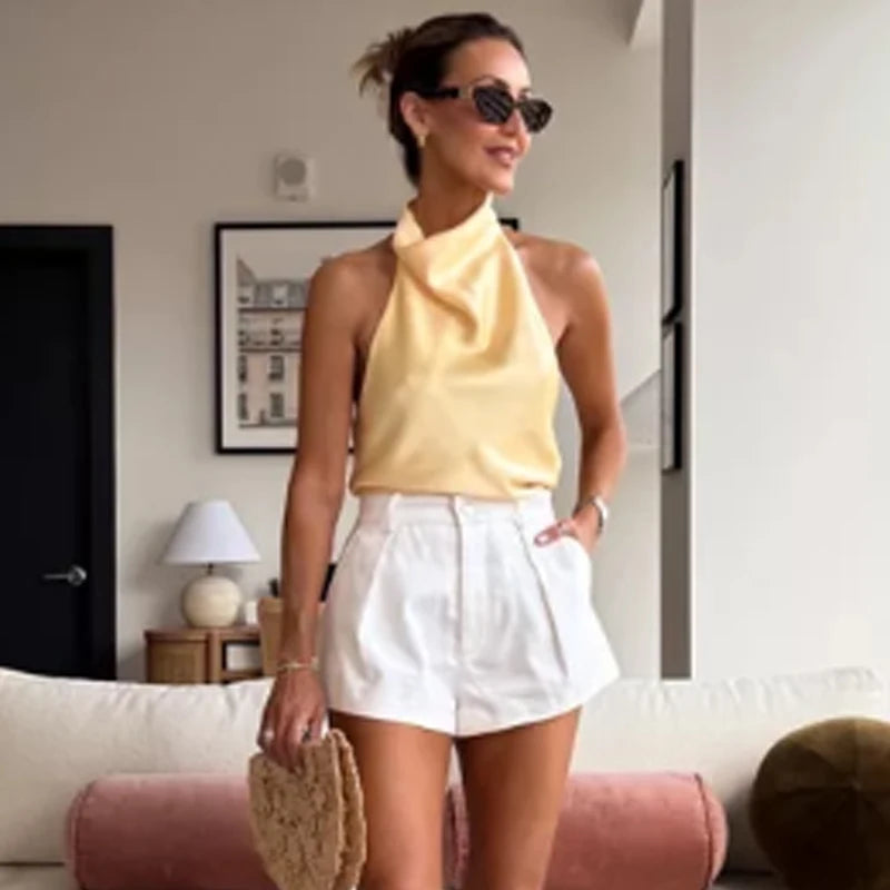 Haut corset dos nu à encolure américaine en satin pour femme – Débardeur élégant pour soirée d'été