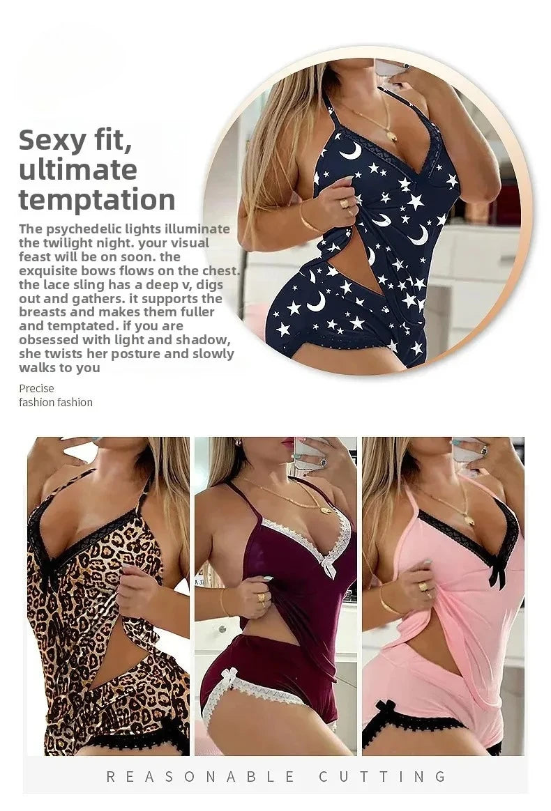 Women Lace Pajama Set Sexy Two Piece Sleepwear V-Neck Shorts Nightwear Plus Size Home Loungewear Set