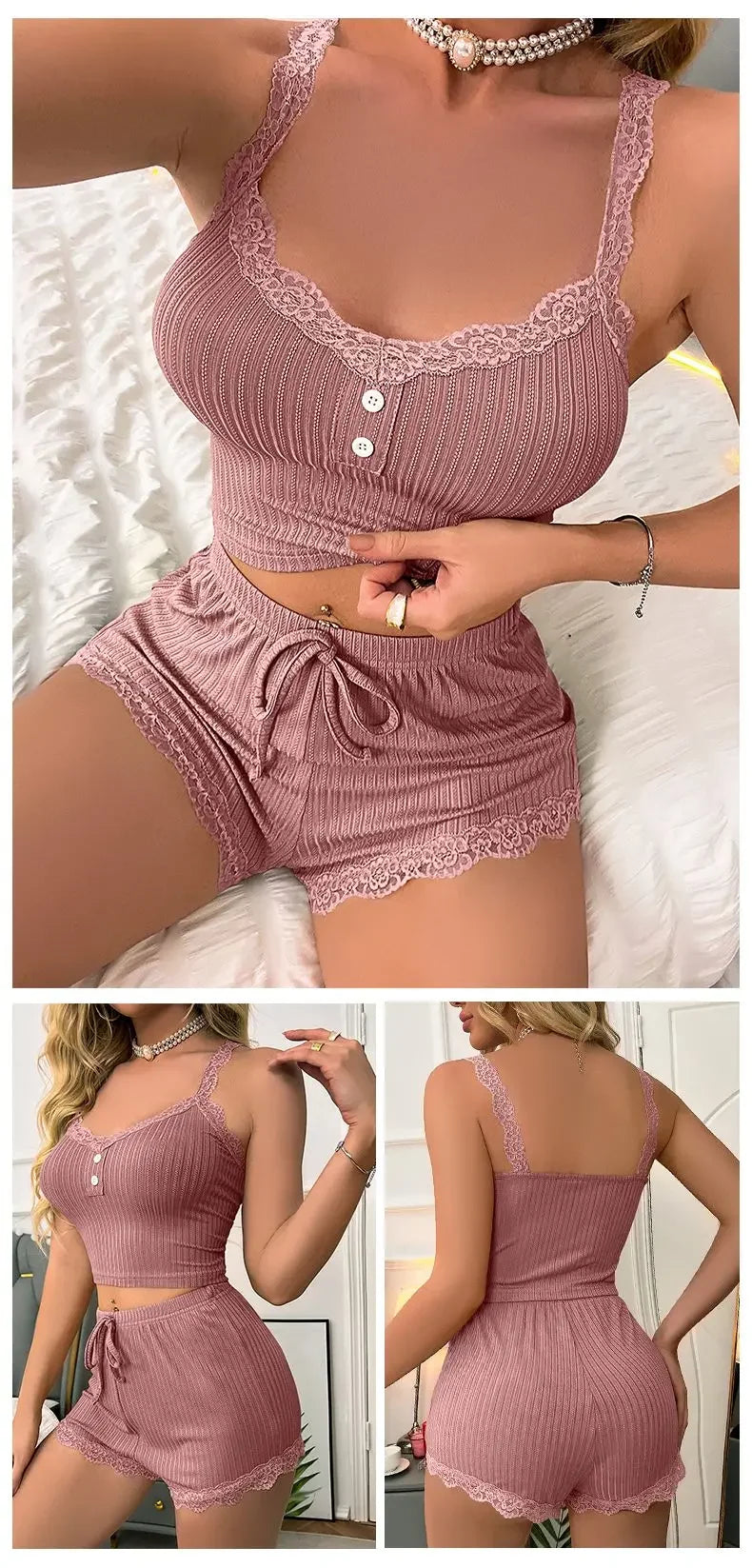 Women’s Ribbed Lace Trim Pajama Set – Camisole Top & Shorts