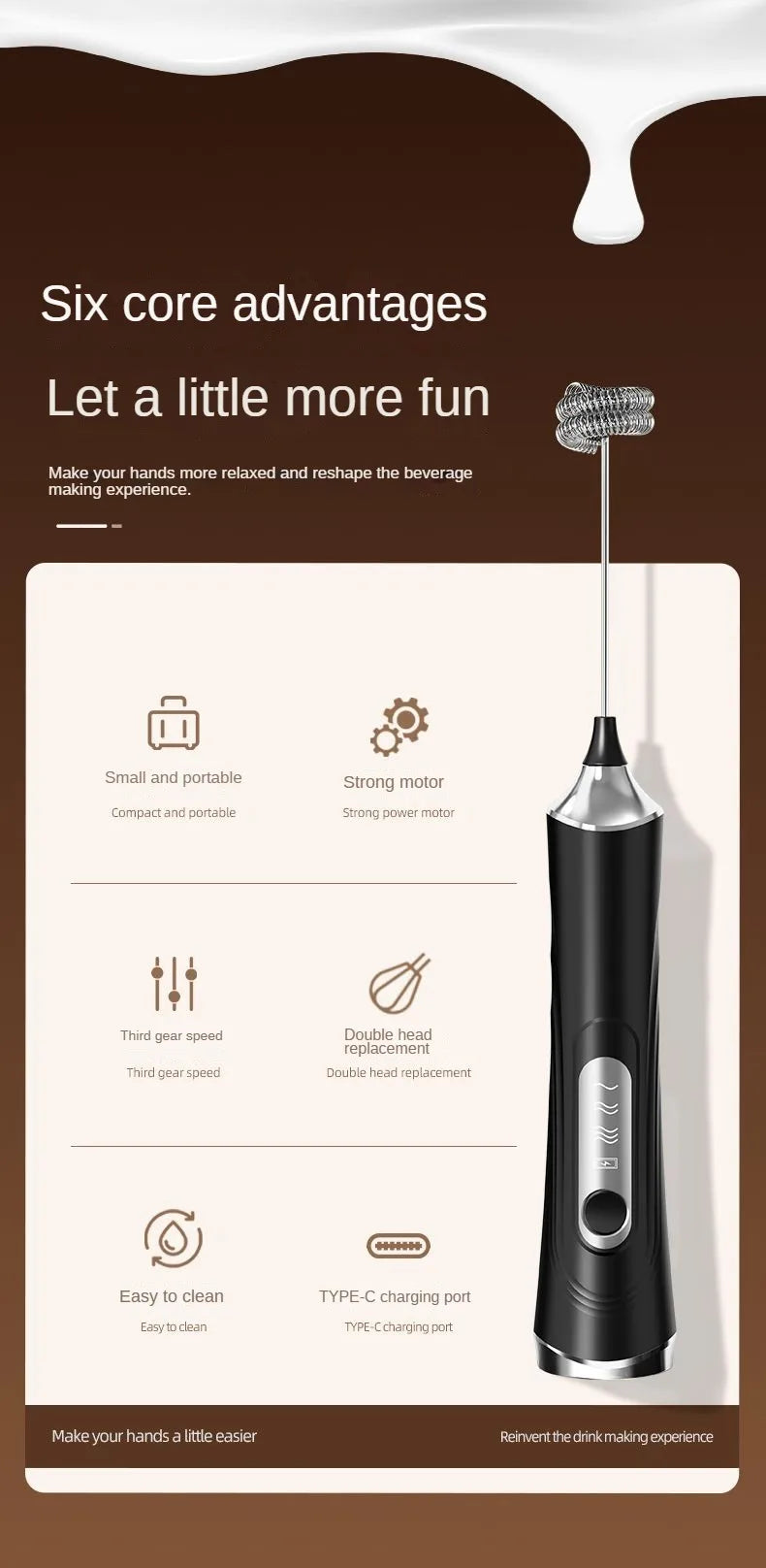 Batidora eléctrica USB, espumador de leche y café de mano, licuadora portátil de 3 velocidades, para hacer mantequilla, herramienta de cocina, mezclador de ingredientes