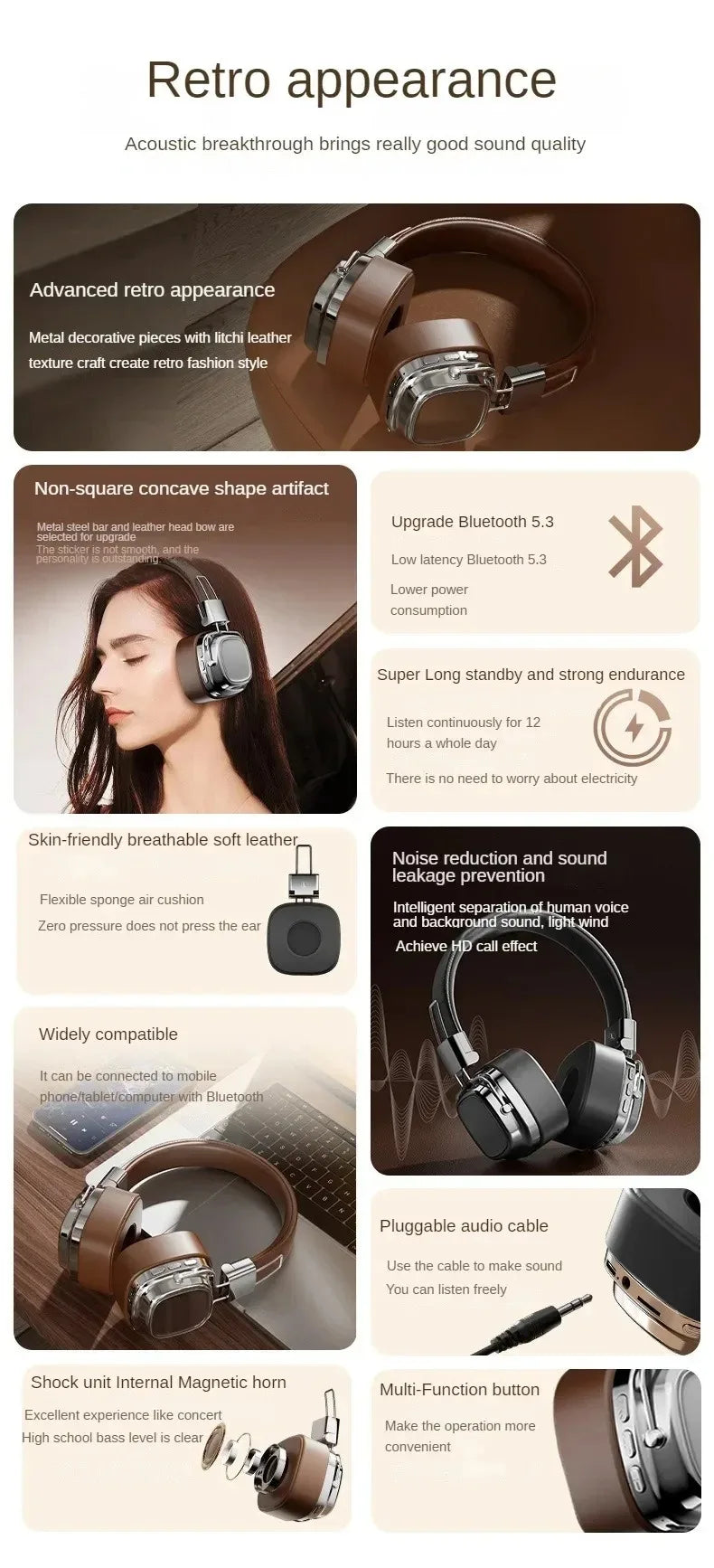 Retro Leather Bluetooth 5.3 Wireless Over-Ear Headphones – Foldable Noise Cancelling Headset with Mic