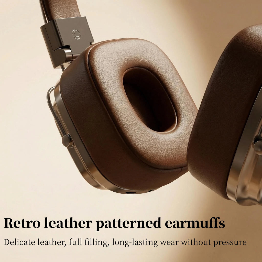 Retro Leather Bluetooth 5.3 Wireless Over-Ear Headphones – Foldable Noise Cancelling Headset with Mic