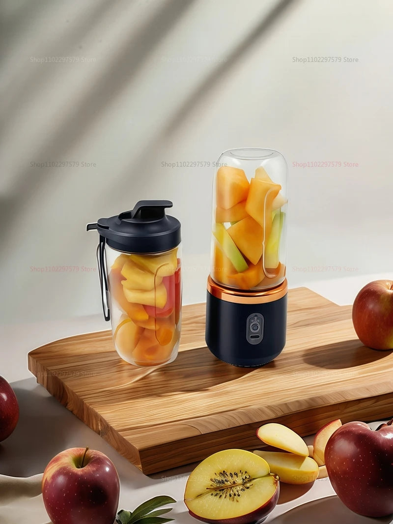 Extractor de zumo portátil mini, doble vaso, inalámbrico, recargable por USB, batidora de hielo compacta para viajes y hogar, como licuadora de frutas.