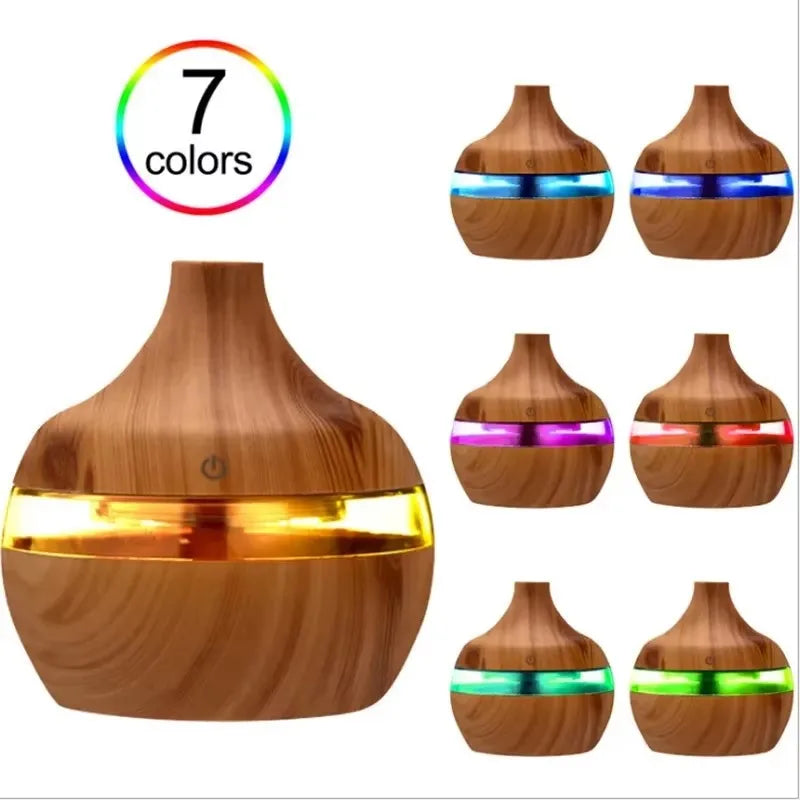 Diffuseur d'huiles essentielles et humidificateur ultrasonique à effet bois – Éclairage LED 7 couleurs avec télécommande