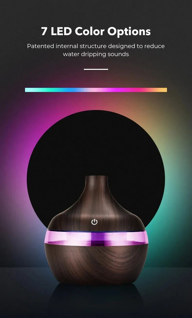 Diffuseur d'huiles essentielles et humidificateur ultrasonique à effet bois – Éclairage LED 7 couleurs avec télécommande