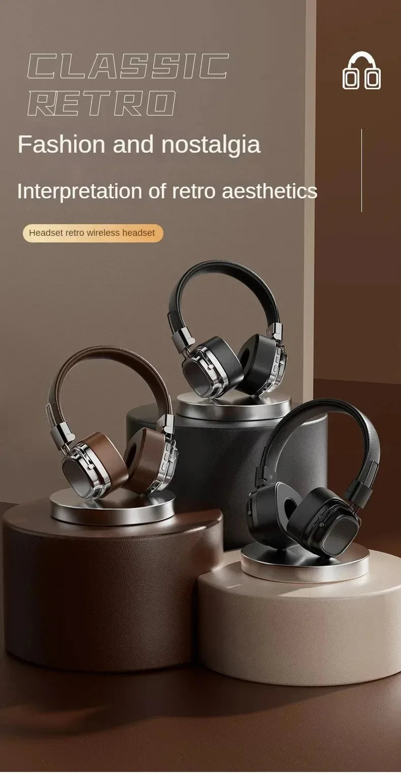 Retro Leather Bluetooth 5.3 Wireless Over-Ear Headphones – Foldable Noise Cancelling Headset with Mic