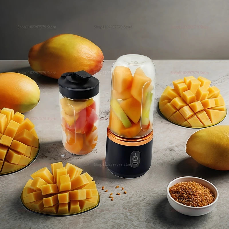 Extractor de zumo portátil mini, doble vaso, inalámbrico, recargable por USB, batidora de hielo compacta para viajes y hogar, como licuadora de frutas.