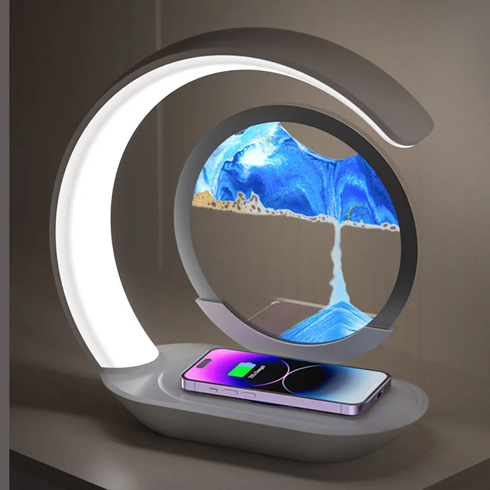 Lampe de table sablier avec chargeur sans fil – Veilleuse art du sable 3D