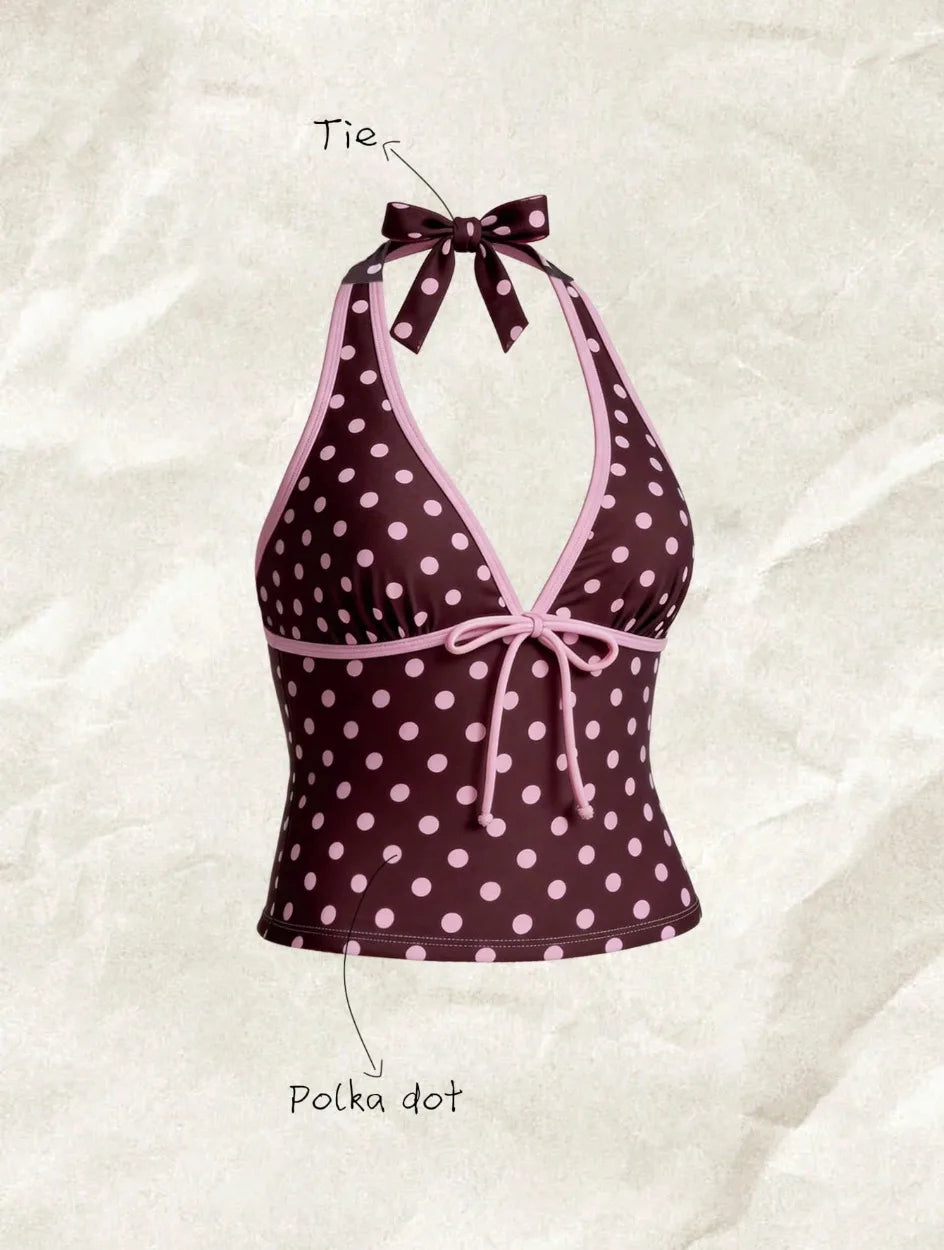 Trajes de baño para mujer, conjunto de tankini de 2 piezas de lunares, top cami con cuello halter en V con lazo frontal y shorts de baño con cordón en la cintura a contraste