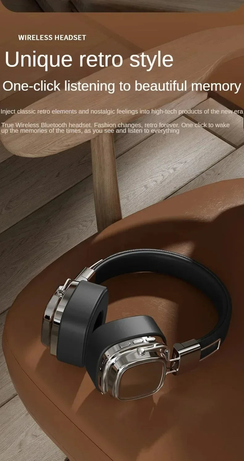 Retro Leather Bluetooth 5.3 Wireless Over-Ear Headphones – Foldable Noise Cancelling Headset with Mic