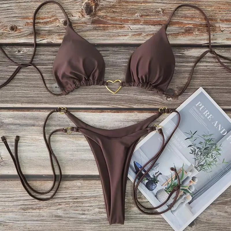 Conjunto de bikini sexy brasileño para mujer, top triangular con cuello halter, tanga inferior, traje de baño de dos piezas, traje de baño de corazón, ropa de playa de verano