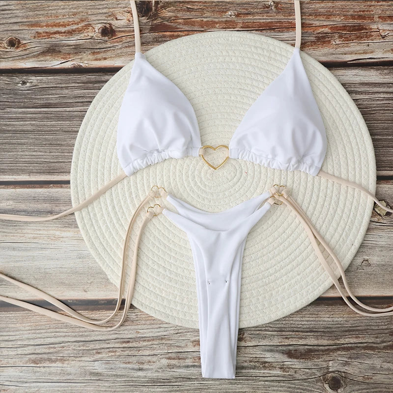 Conjunto de bikini sexy brasileño para mujer, top triangular con cuello halter, tanga inferior, traje de baño de dos piezas, traje de baño de corazón, ropa de playa de verano