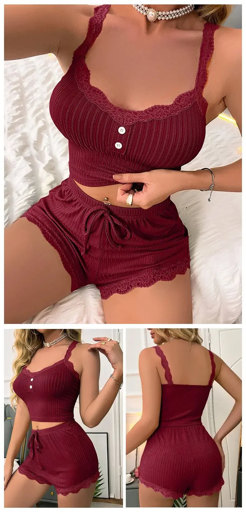 Women’s Ribbed Lace Trim Pajama Set – Camisole Top & Shorts