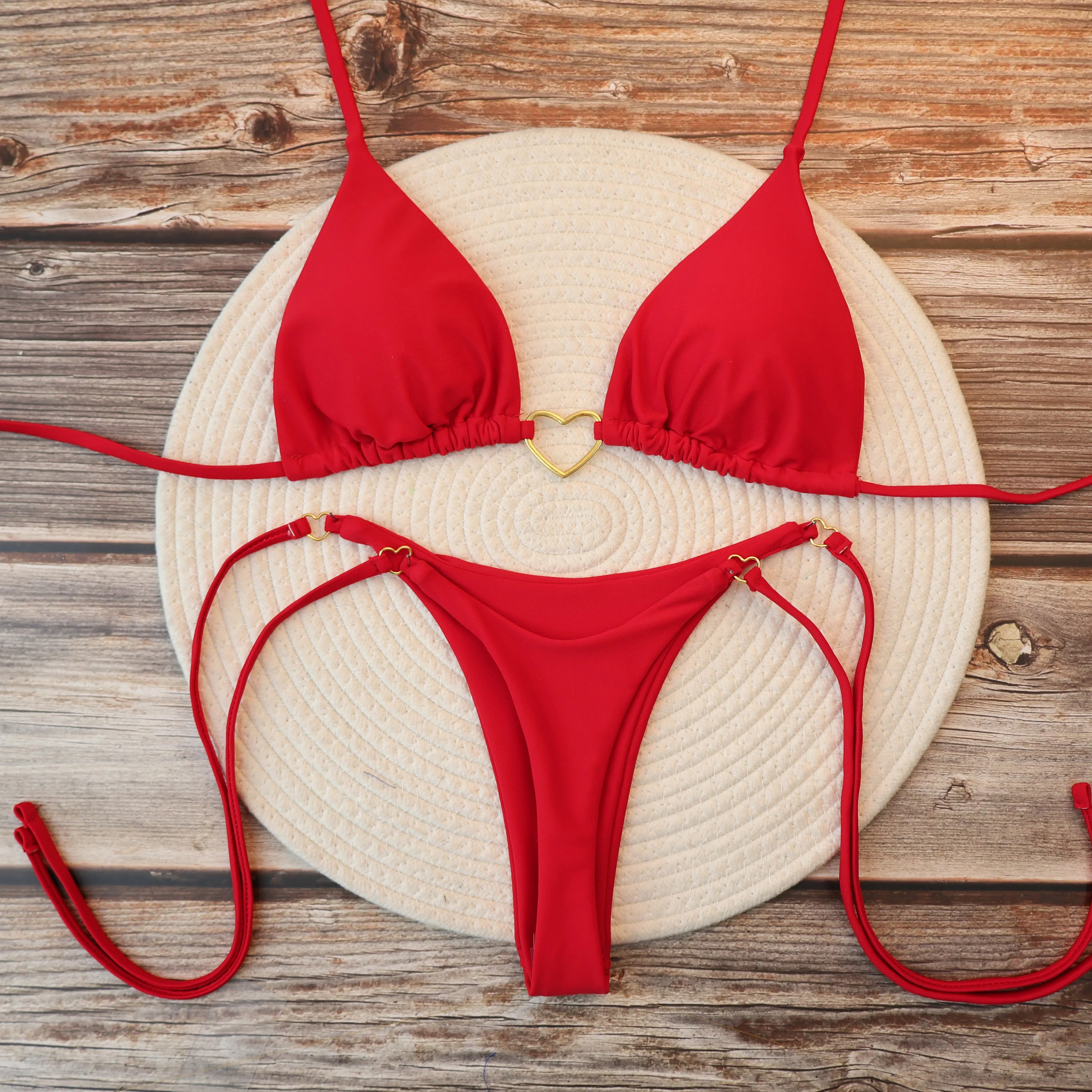 Conjunto de bikini sexy brasileño para mujer, top triangular con cuello halter, tanga inferior, traje de baño de dos piezas, traje de baño de corazón, ropa de playa de verano