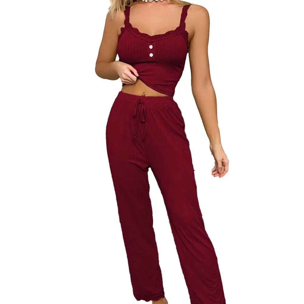 Women’s Ribbed Pajama Set – Lace Trim Camisole & Drawstring Pants