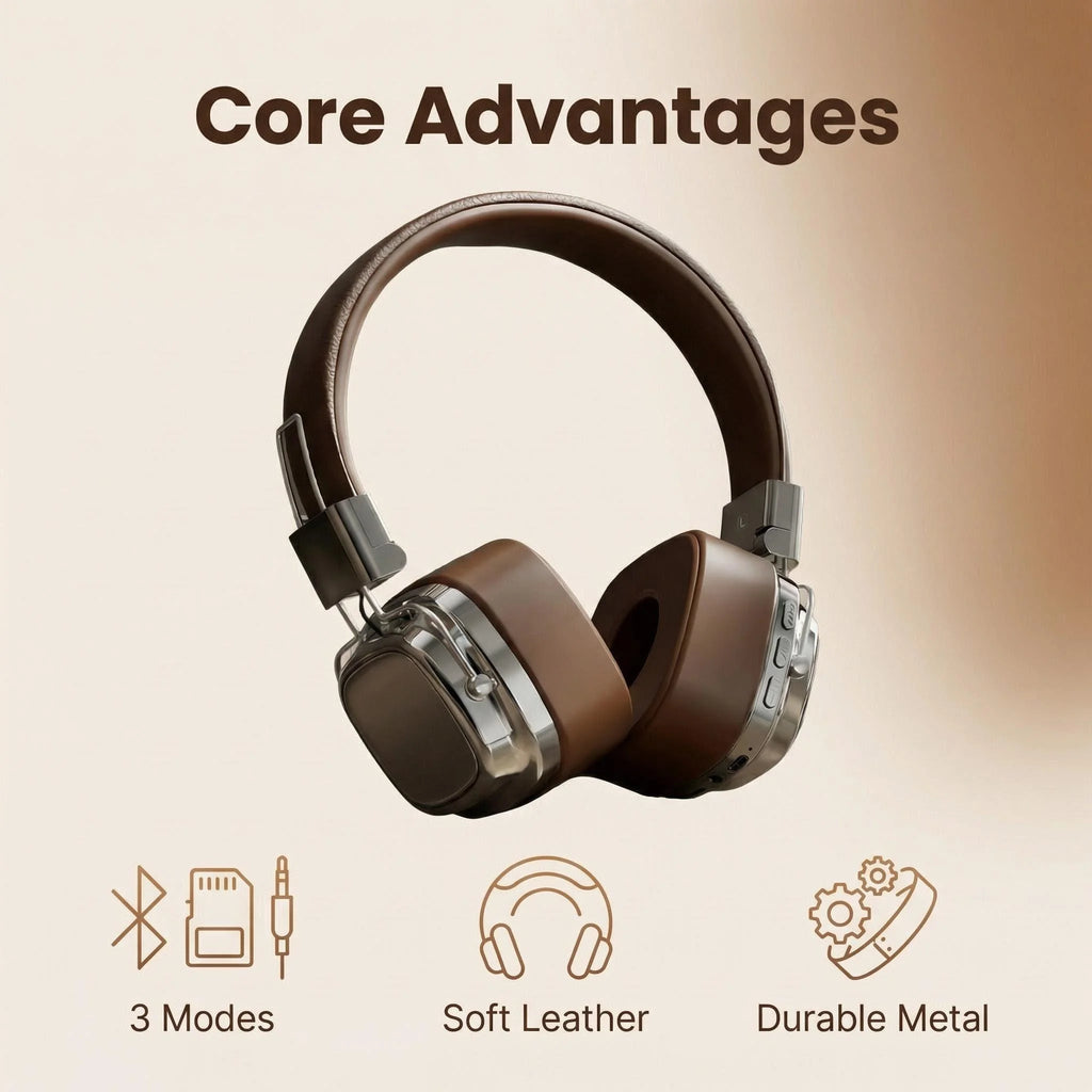 Retro Leather Bluetooth 5.3 Wireless Over-Ear Headphones – Foldable Noise Cancelling Headset with Mic