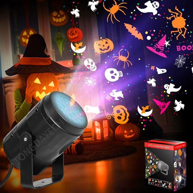 Projecteur de lumières pour Halloween et Noël – Décoration LED rotative avec citrouilles, flocons de neige et motifs festifs