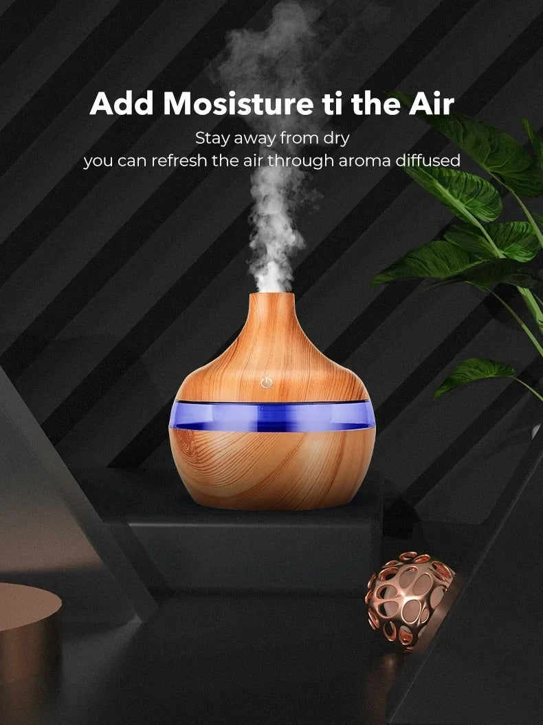 Diffuseur d'huiles essentielles et humidificateur ultrasonique à effet bois – Éclairage LED 7 couleurs avec télécommande