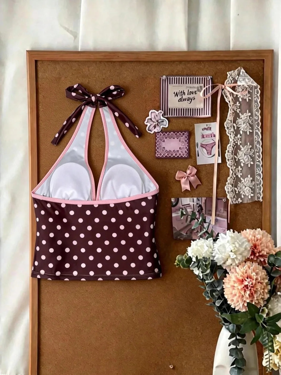 Trajes de baño para mujer, conjunto de tankini de 2 piezas de lunares, top cami con cuello halter en V con lazo frontal y shorts de baño con cordón en la cintura a contraste
