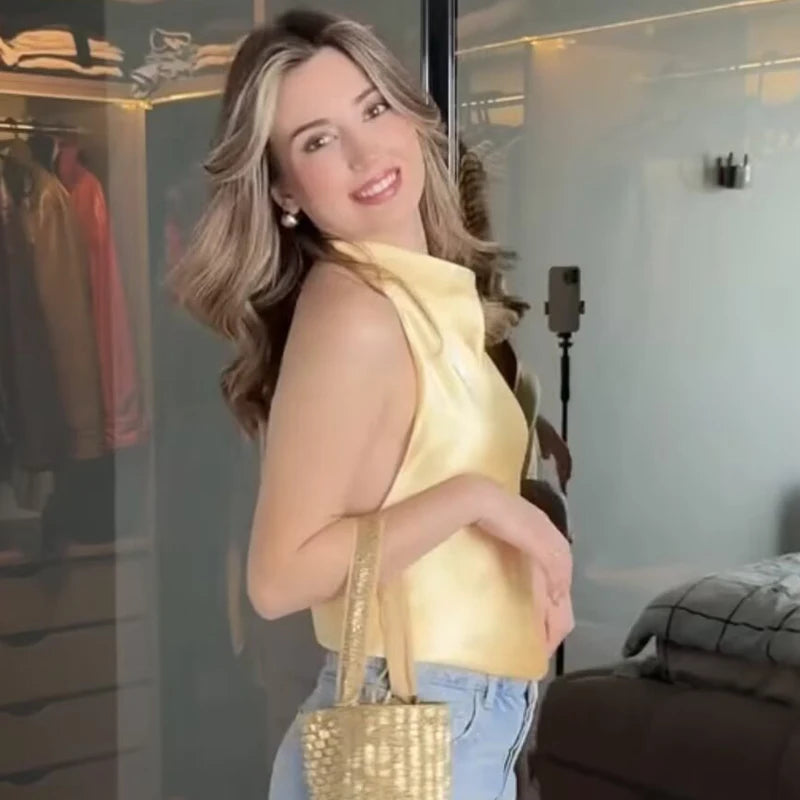 Haut corset dos nu à encolure américaine en satin pour femme – Débardeur élégant pour soirée d'été
