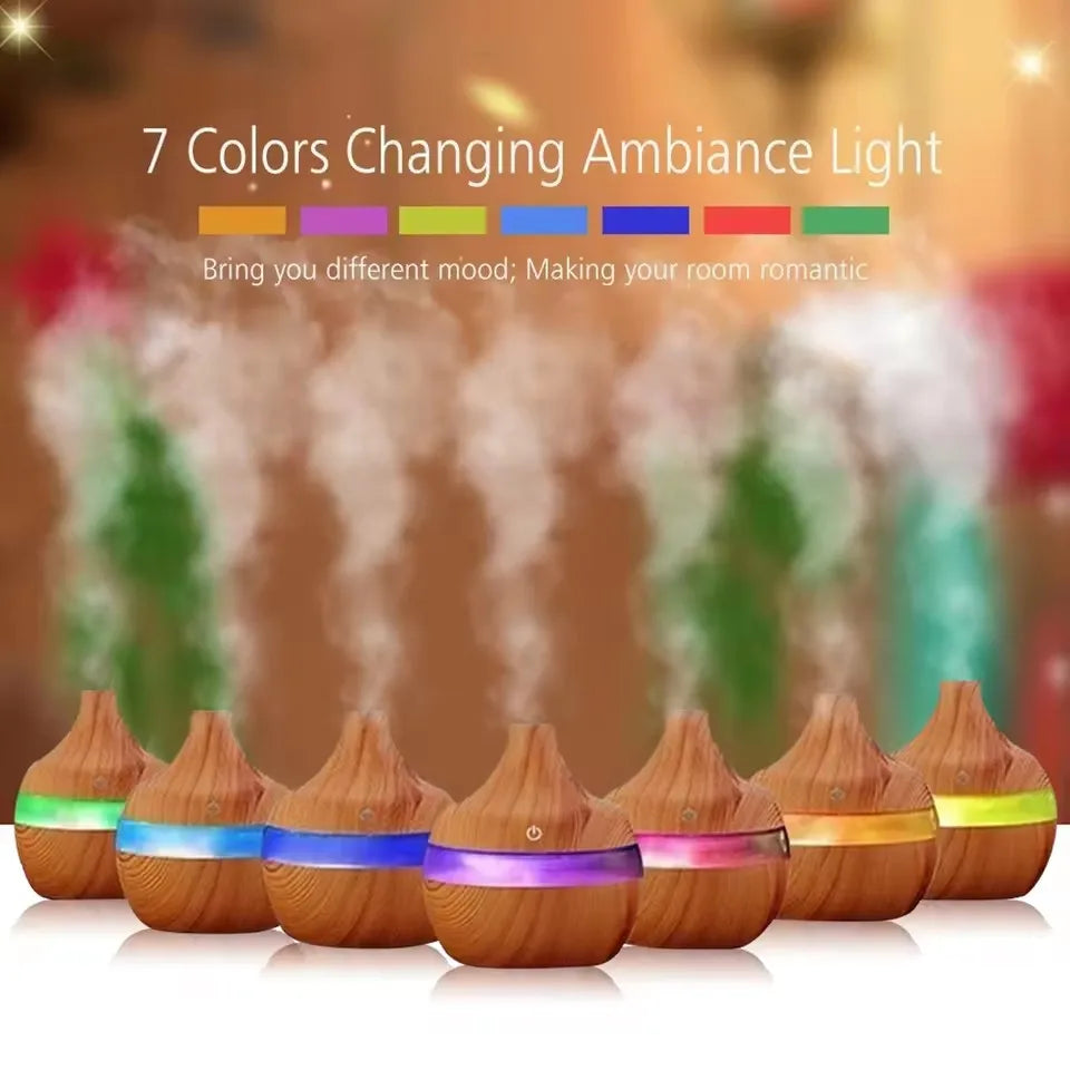 Diffuseur d'huiles essentielles et humidificateur ultrasonique à effet bois – Éclairage LED 7 couleurs avec télécommande