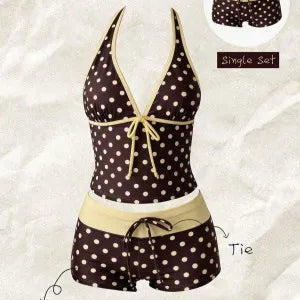 Trajes de baño para mujer, conjunto de tankini de 2 piezas de lunares, top cami con cuello halter en V con lazo frontal y shorts de baño con cordón en la cintura a contraste
