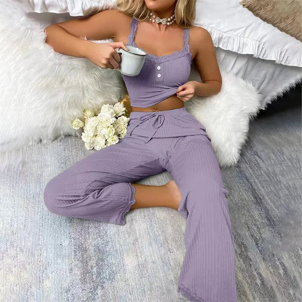 Women’s Ribbed Pajama Set – Lace Trim Camisole & Drawstring Pants