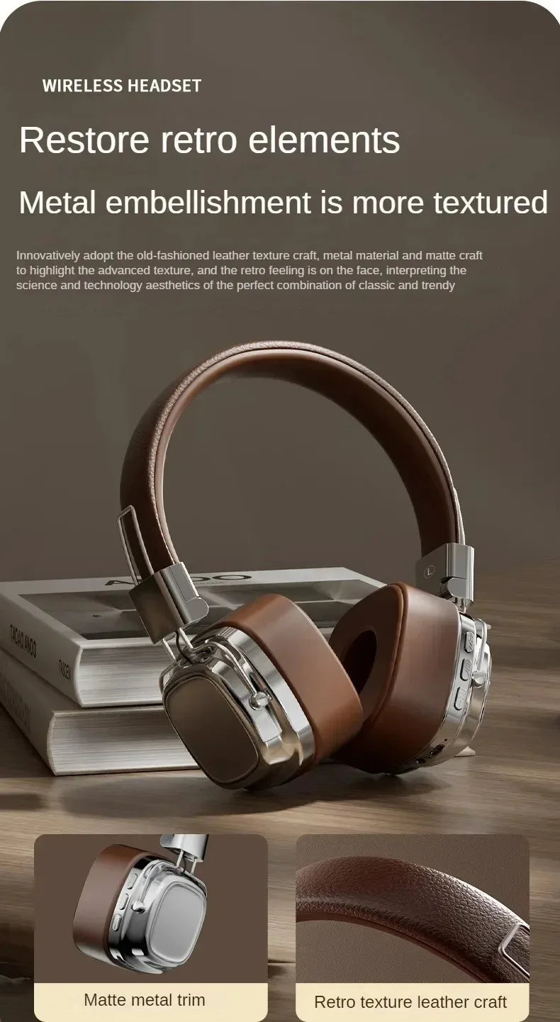 Retro Leather Bluetooth 5.3 Wireless Over-Ear Headphones – Foldable Noise Cancelling Headset with Mic