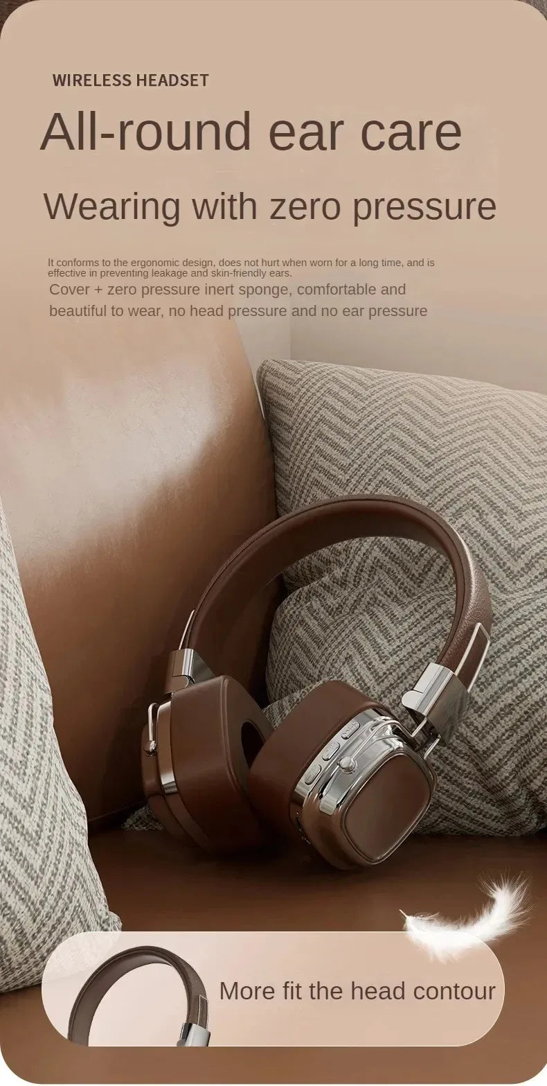 Retro Leather Bluetooth 5.3 Wireless Over-Ear Headphones – Foldable Noise Cancelling Headset with Mic