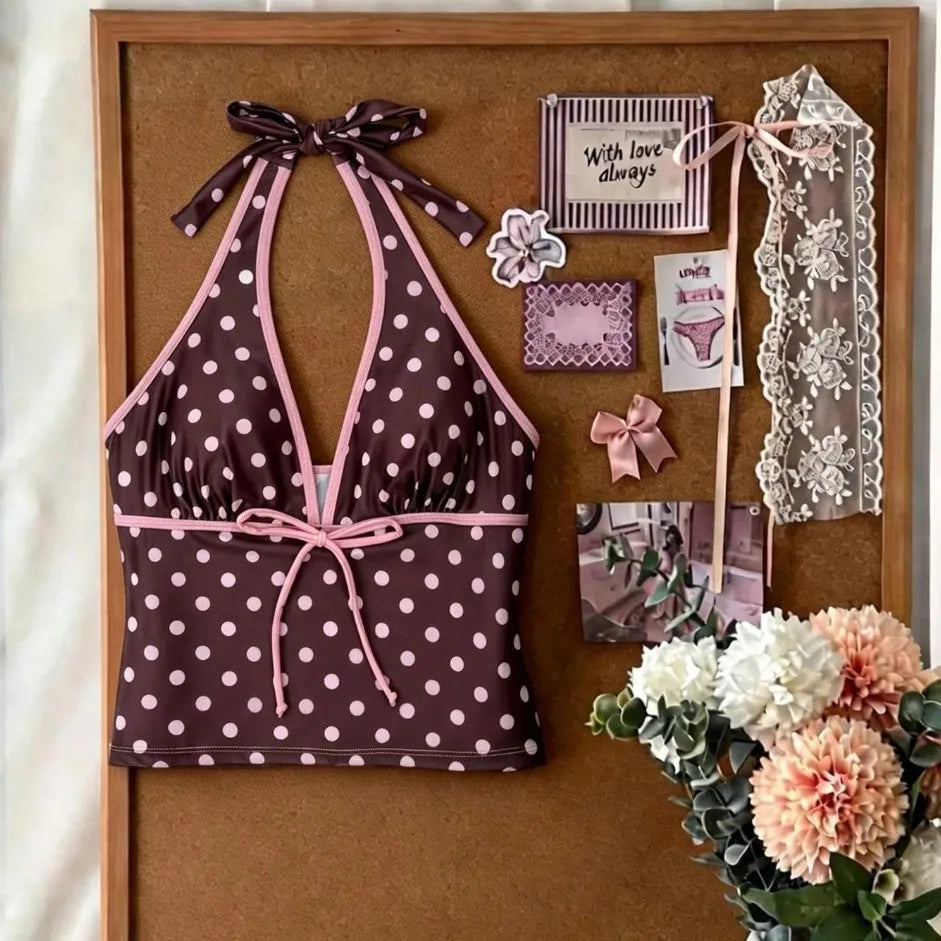 Trajes de baño para mujer, conjunto de tankini de 2 piezas de lunares, top cami con cuello halter en V con lazo frontal y shorts de baño con cordón en la cintura a contraste