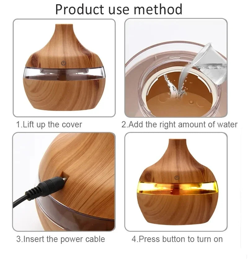 Diffuseur d'huiles essentielles et humidificateur ultrasonique à effet bois – Éclairage LED 7 couleurs avec télécommande