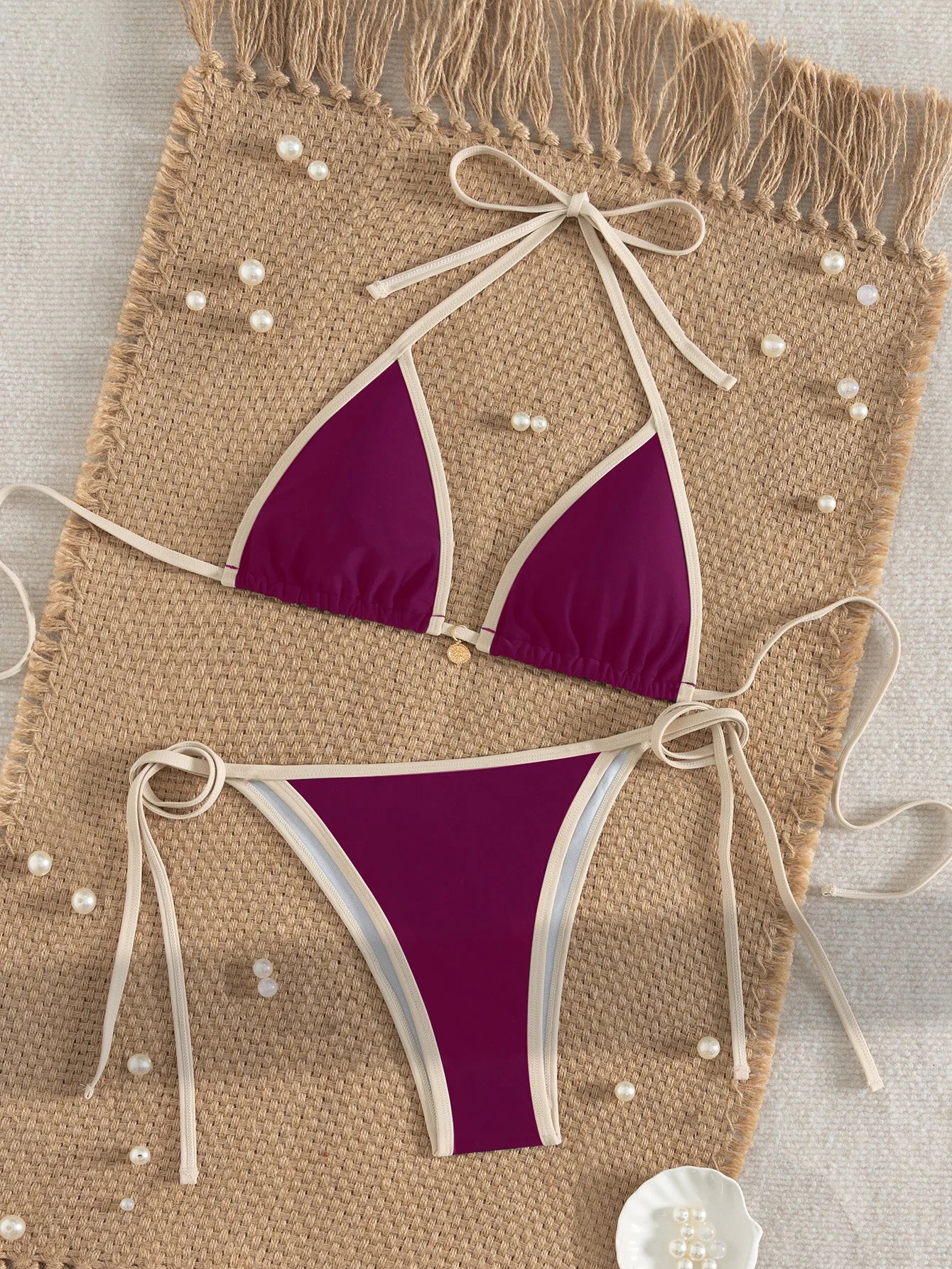 Conjunto de bikini sexy para mujer de dos piezas, traje de baño con ribete de bloques de color, lazo lateral y espalda cruzada para playa y piscina, Novedad 2026
