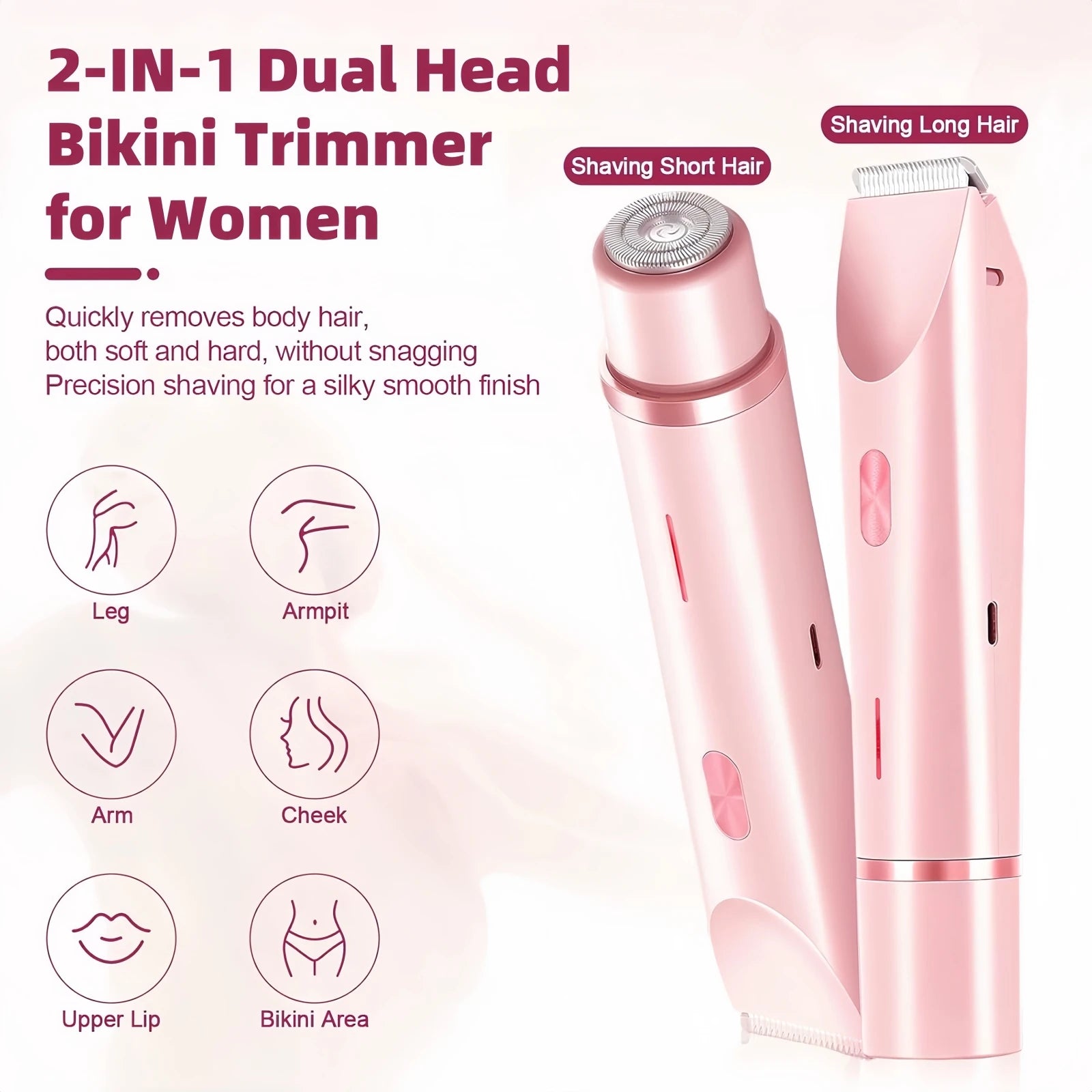 Bikini Trimmer for Women, 2 in 1 Dual Head Bikini Shaver & Body Shaver, Cordless & Waterproof Painless Electric Hair Removal