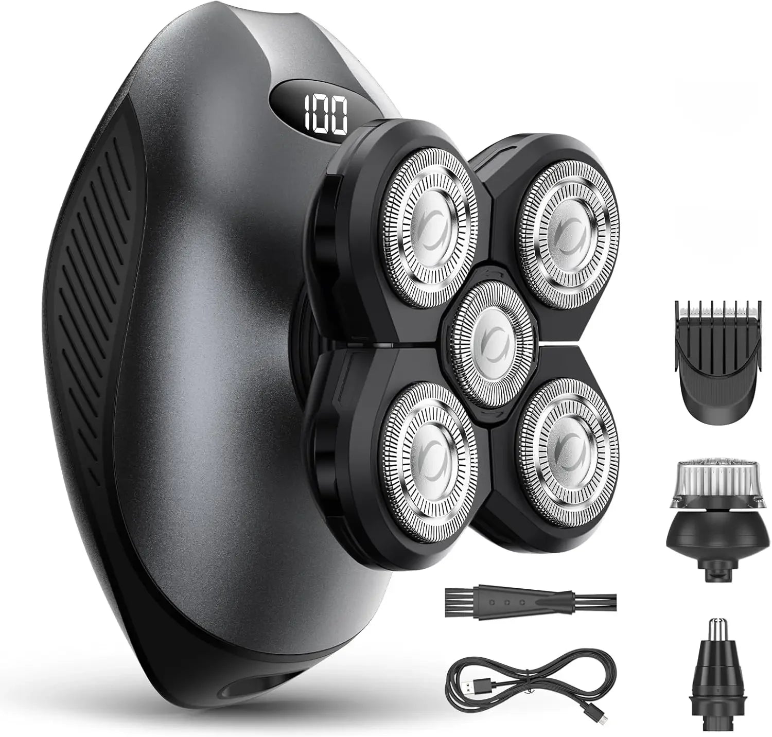 6D Electric Head Shaver for Men – Rechargeable Rotary Razor with LED Display & Nose Trimmer Grooming Kit
